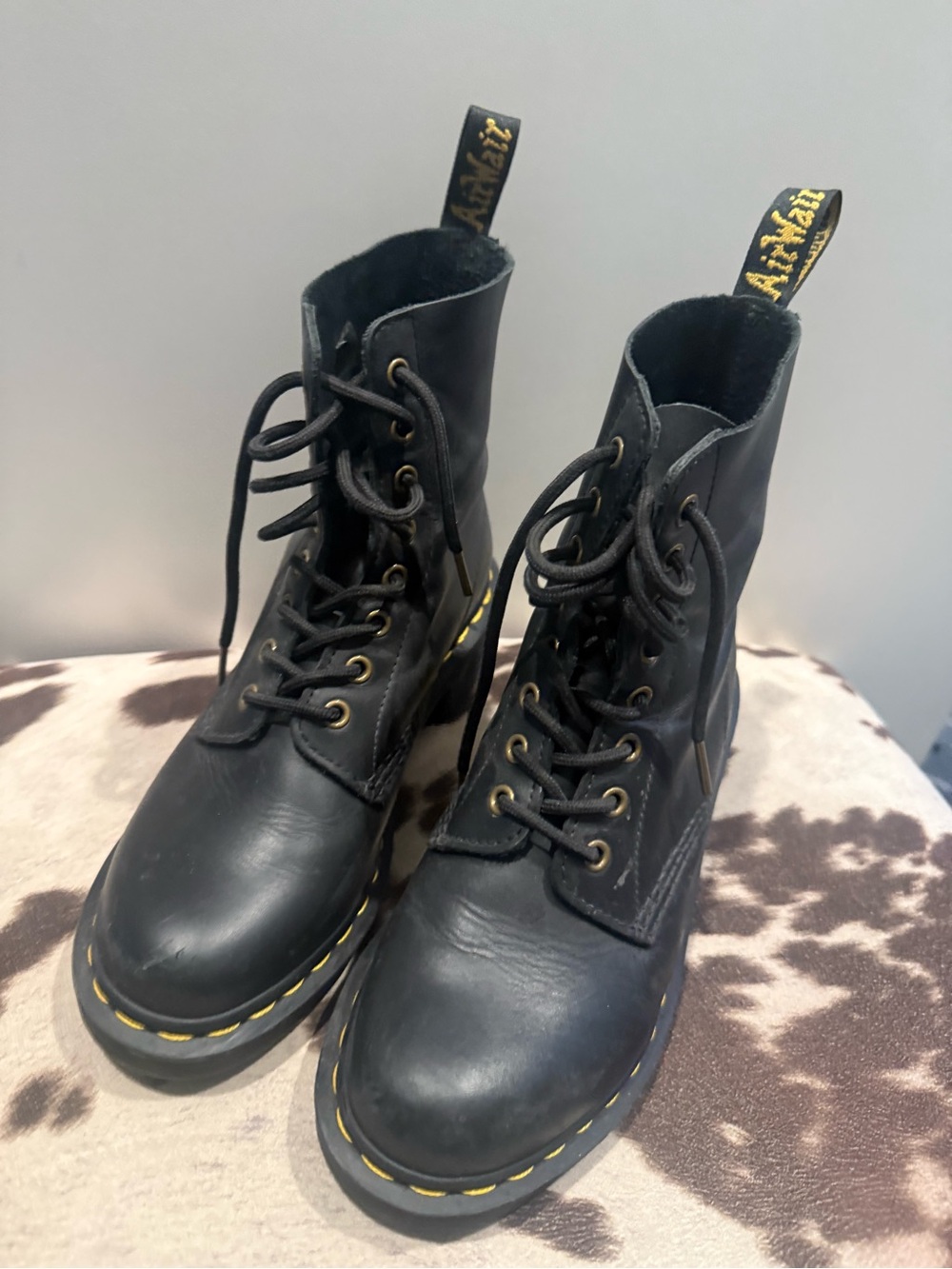 Dr. Martens Black Leather Lace-Up Ankle Boots with Yellow Stitching